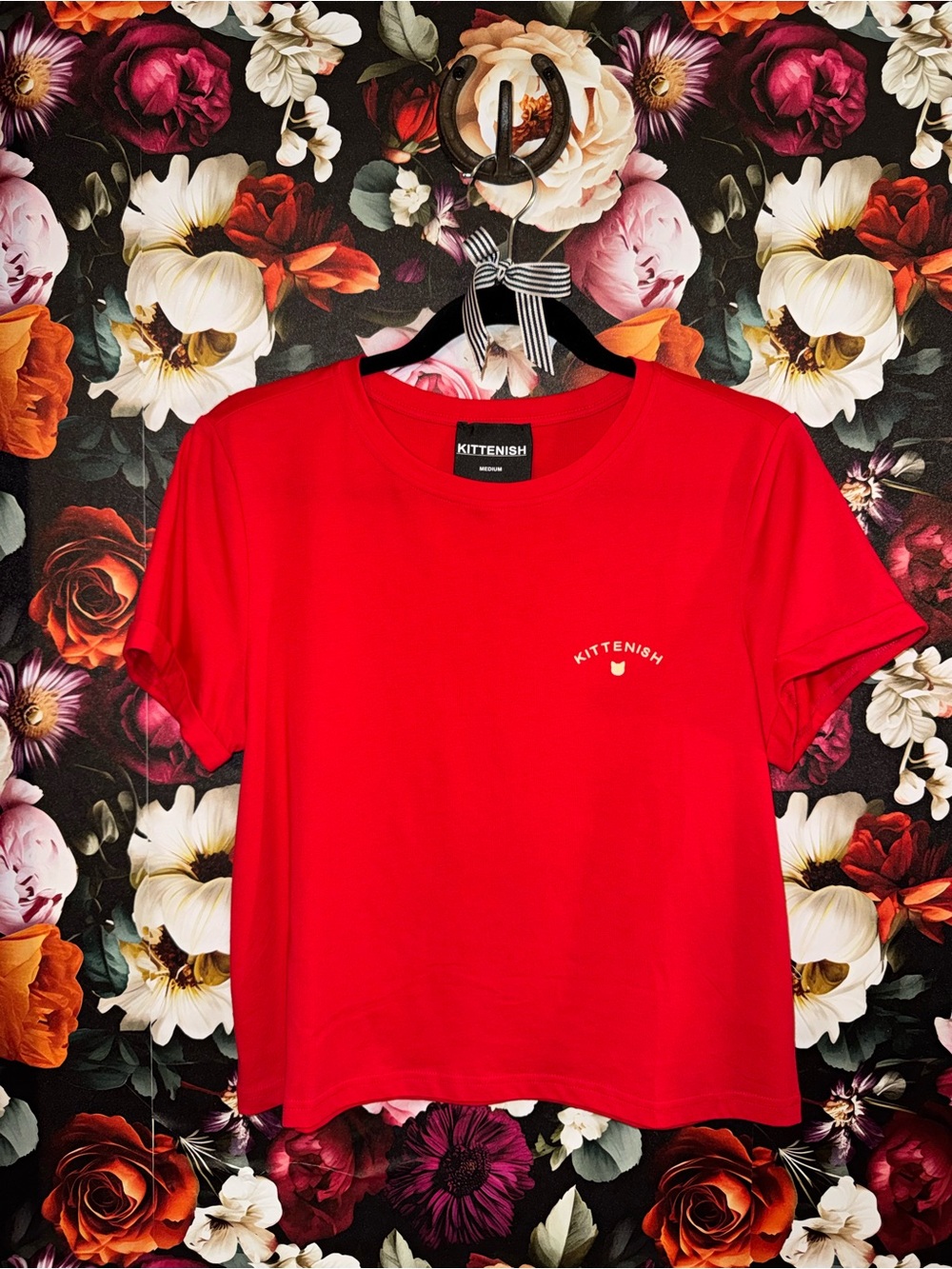 Kittenish Bright Red Crop Tee with Cuffed Sleeves &  Logo, Medium, NWOT